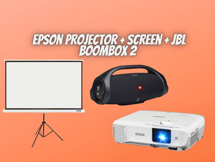 Epson projector + projector screen + jbl boombox 2