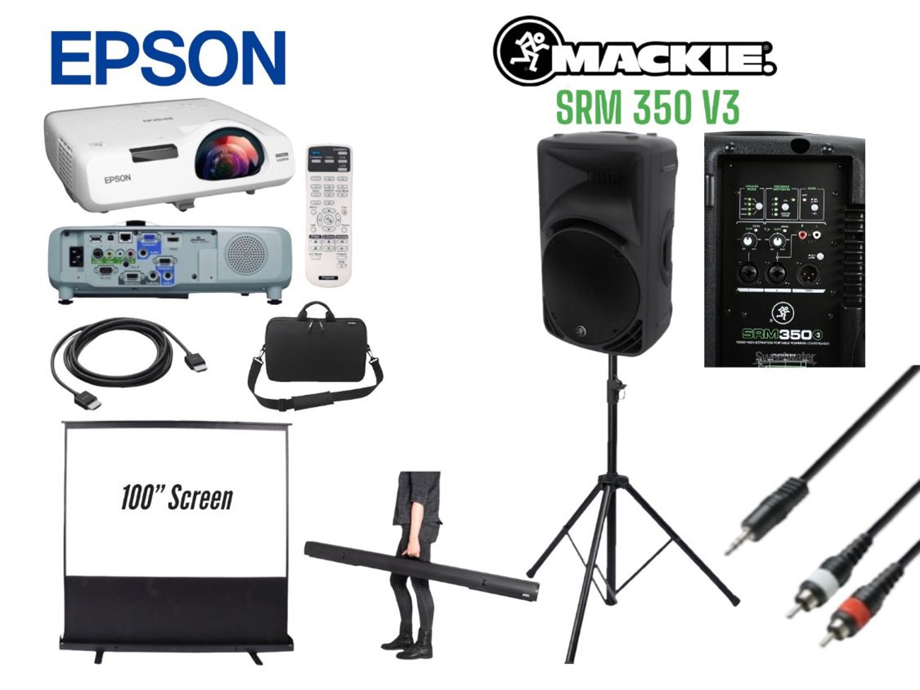 Projector epson short throw + projector screen mackie speaker 100" event pop up party