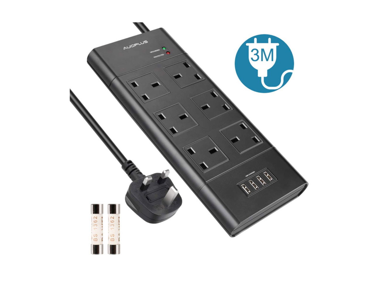 Extension lead 3 meters, 6-gang power strip with 4 usb ports