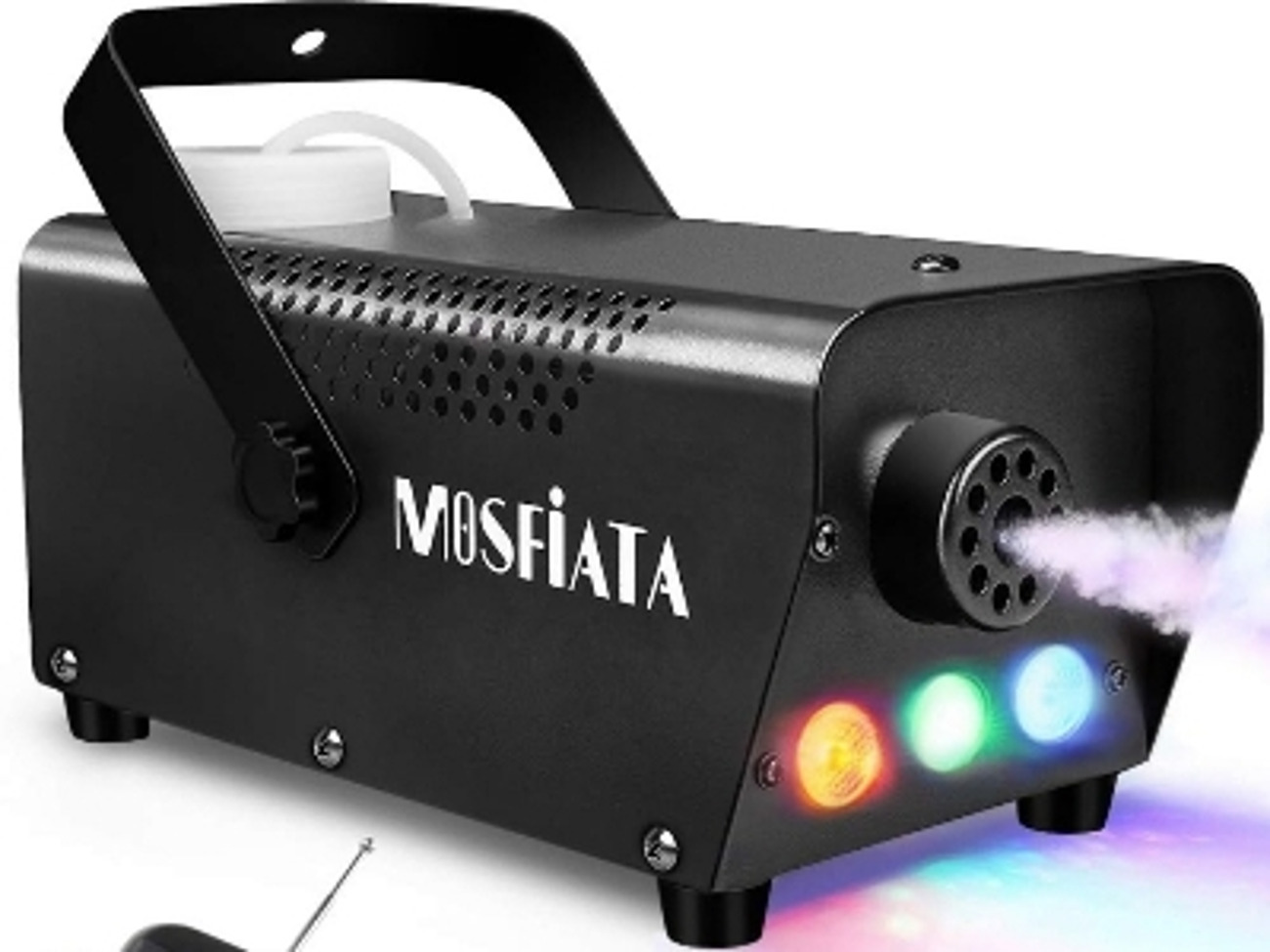 Fog/smoke machine with liquid and controllable lights