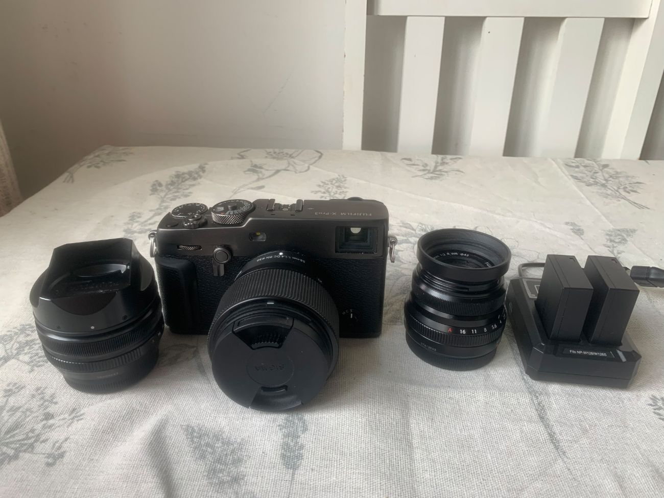 Fujifilm x-pro 3 with three lenses. 18mm, 35mm & 56mm 