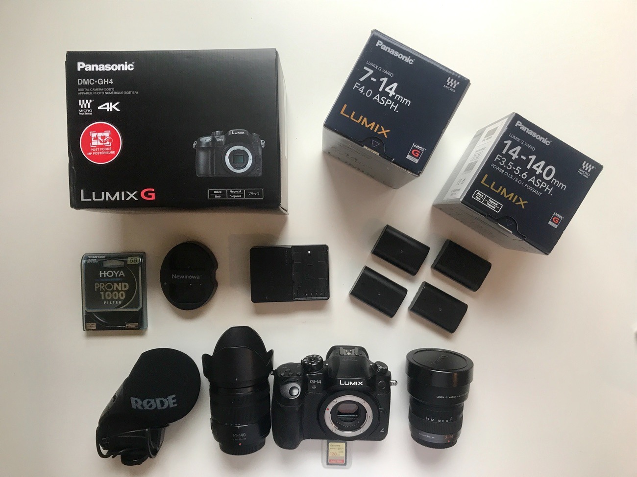 Gh4 kit: 7-140mm + 128gb + 4 batteries + røde mic + nd 1000