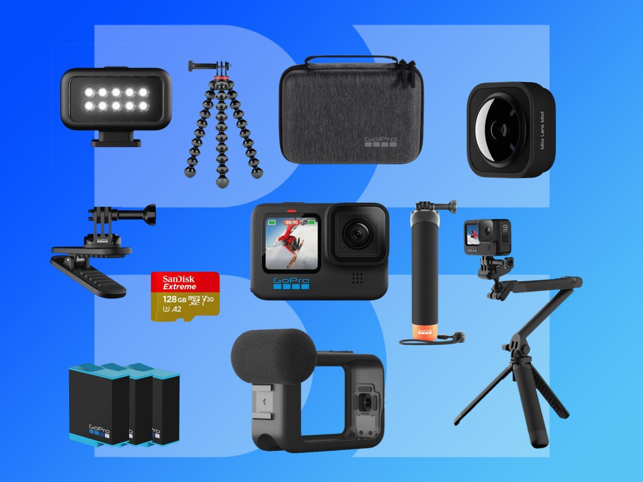 Gopro hero 10 kit + max lens + media mod + tripod + magnet