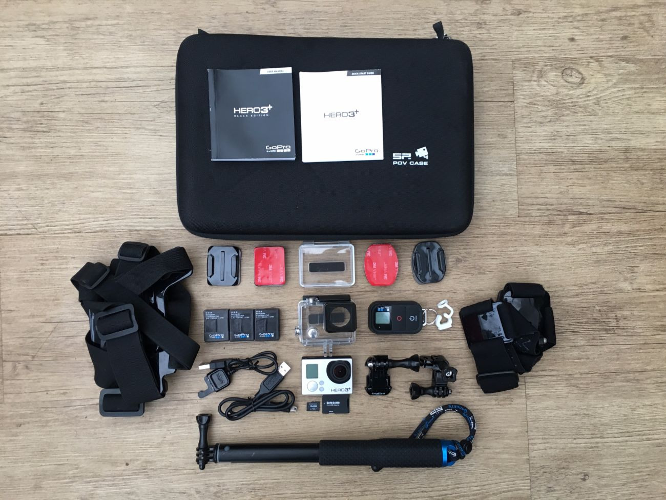 Gopro hero 3+ black camera (inc. selfie stick, head strap & chesty strap)