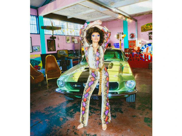 Handmade 1970s vintage style dagger collar, snake skin jumpsuit