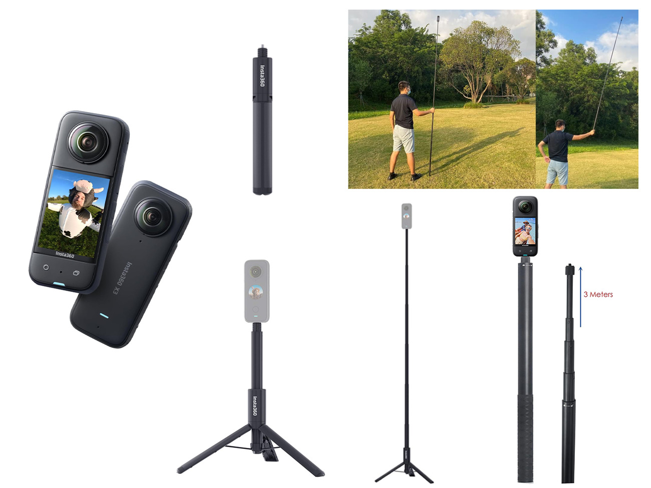 Insta360 x3 + accessories (tripod / 3 meter invisible stick)