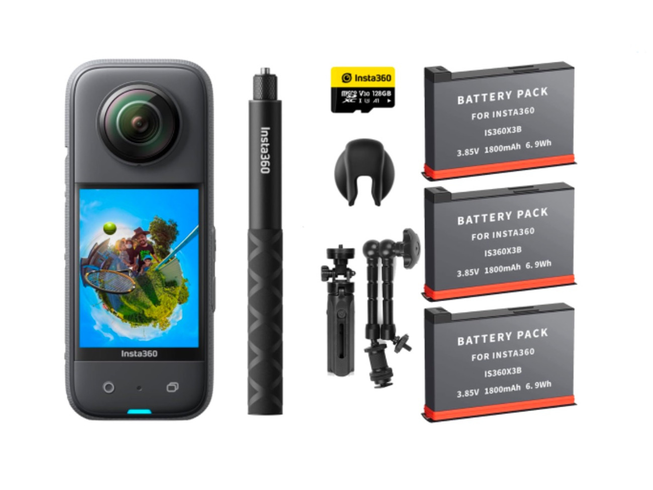 Insta360 x3 360 camera stick + 128gb 3x batteries tripod 