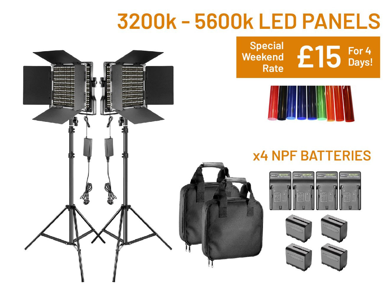 Led panel light 3200k - 5600k dimmable, barn doors, battery