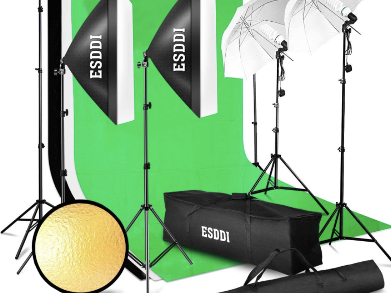 Photography/video lighting kit - softbox (x2), umbrella lights (x2), backdrop/green screen
