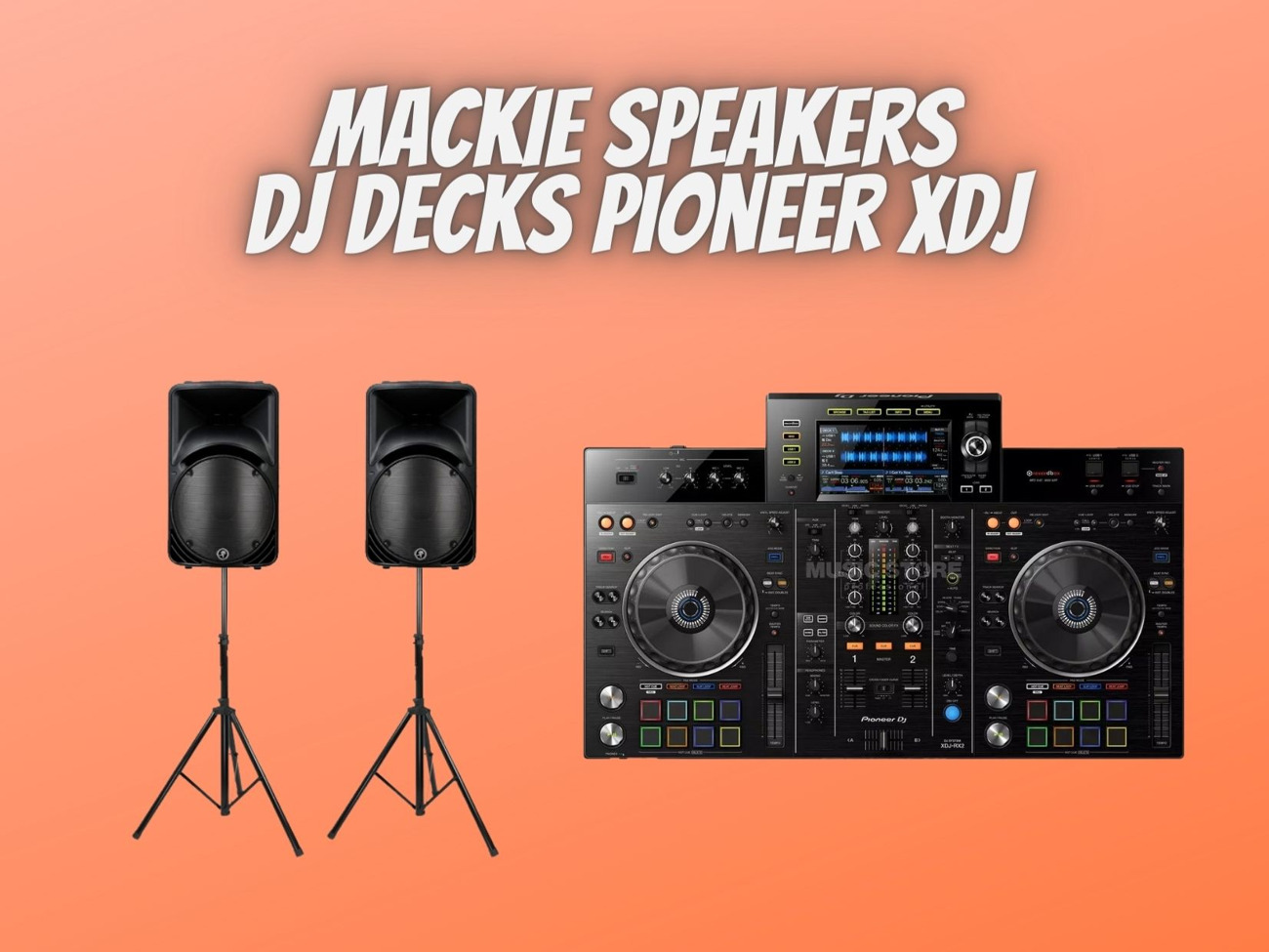 Mackie speakers + dj decks pioneer xdj, london