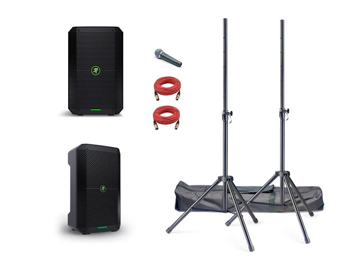 Mackie thump go x 2 batt powered stereo pa + stands + mic