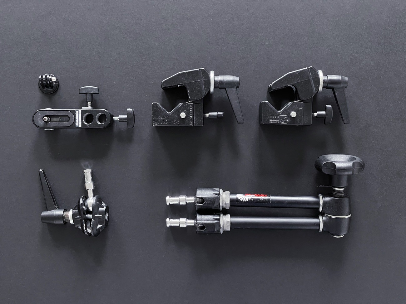 Multiblitz magic arm with manfrotto superclamps and ball joint head