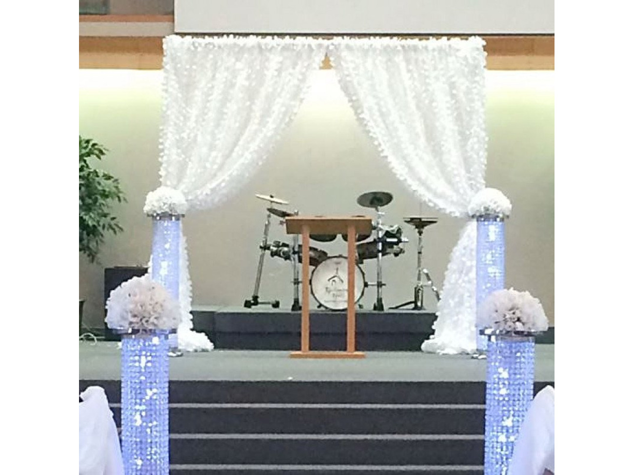 Metal arch with white leaf taffeta backdrop - or any color
