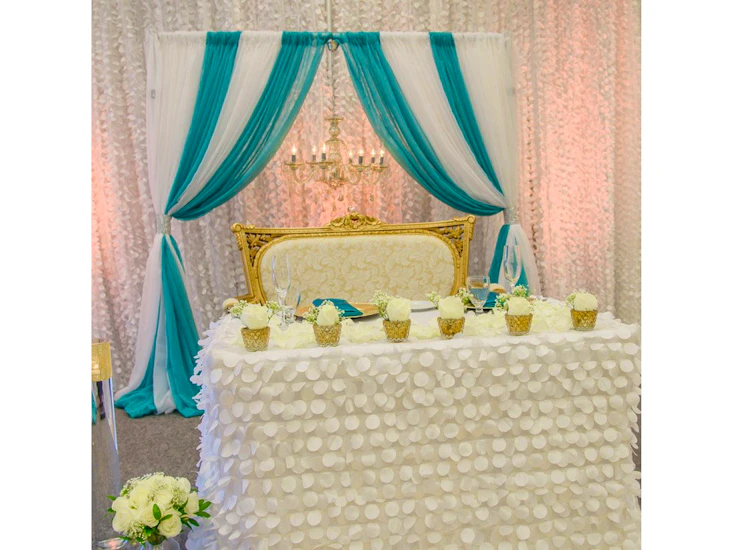 Metal arch with white,gold and teal backdrop - or any color with chandelier
