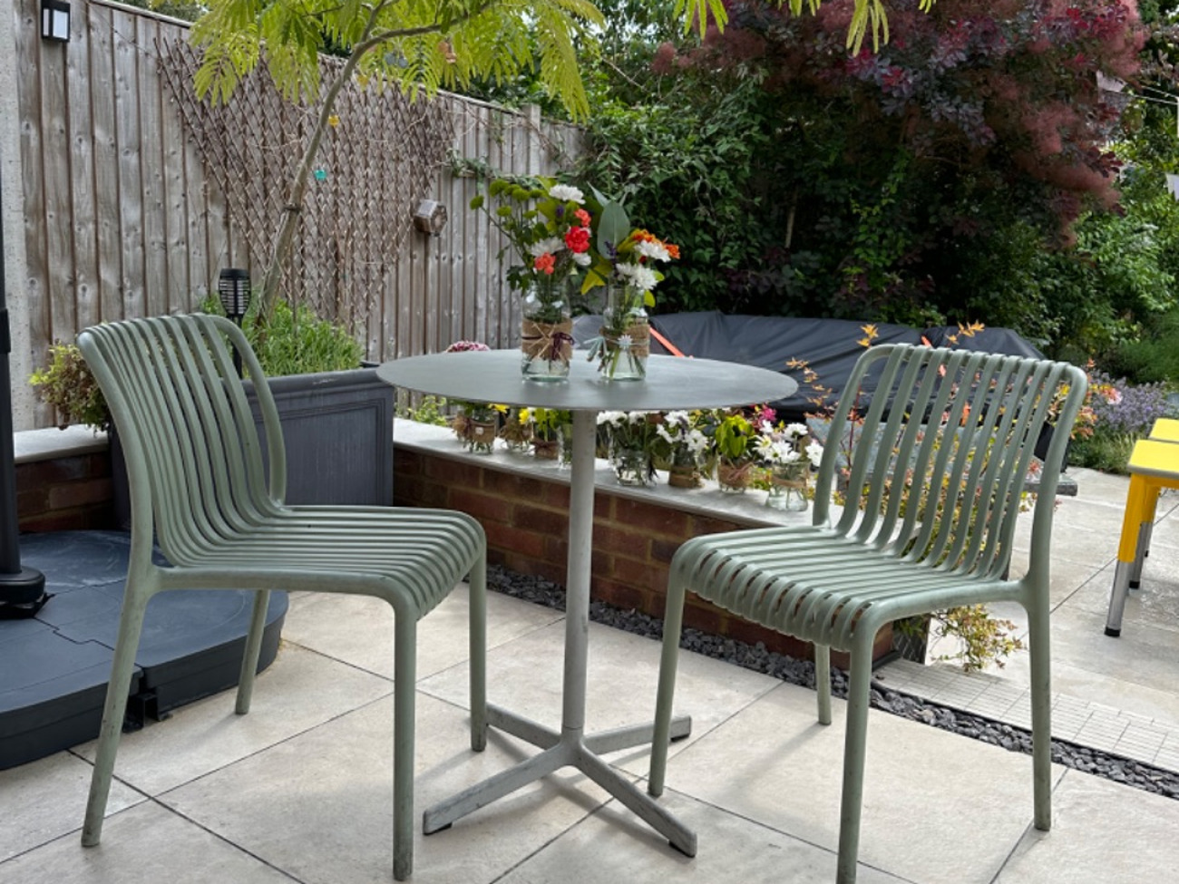 Metal cafe tables x4 and 8 chairs