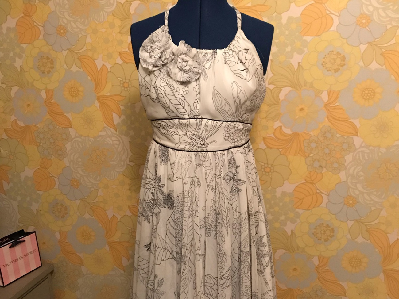 Midi white halter dress with graphic floral print