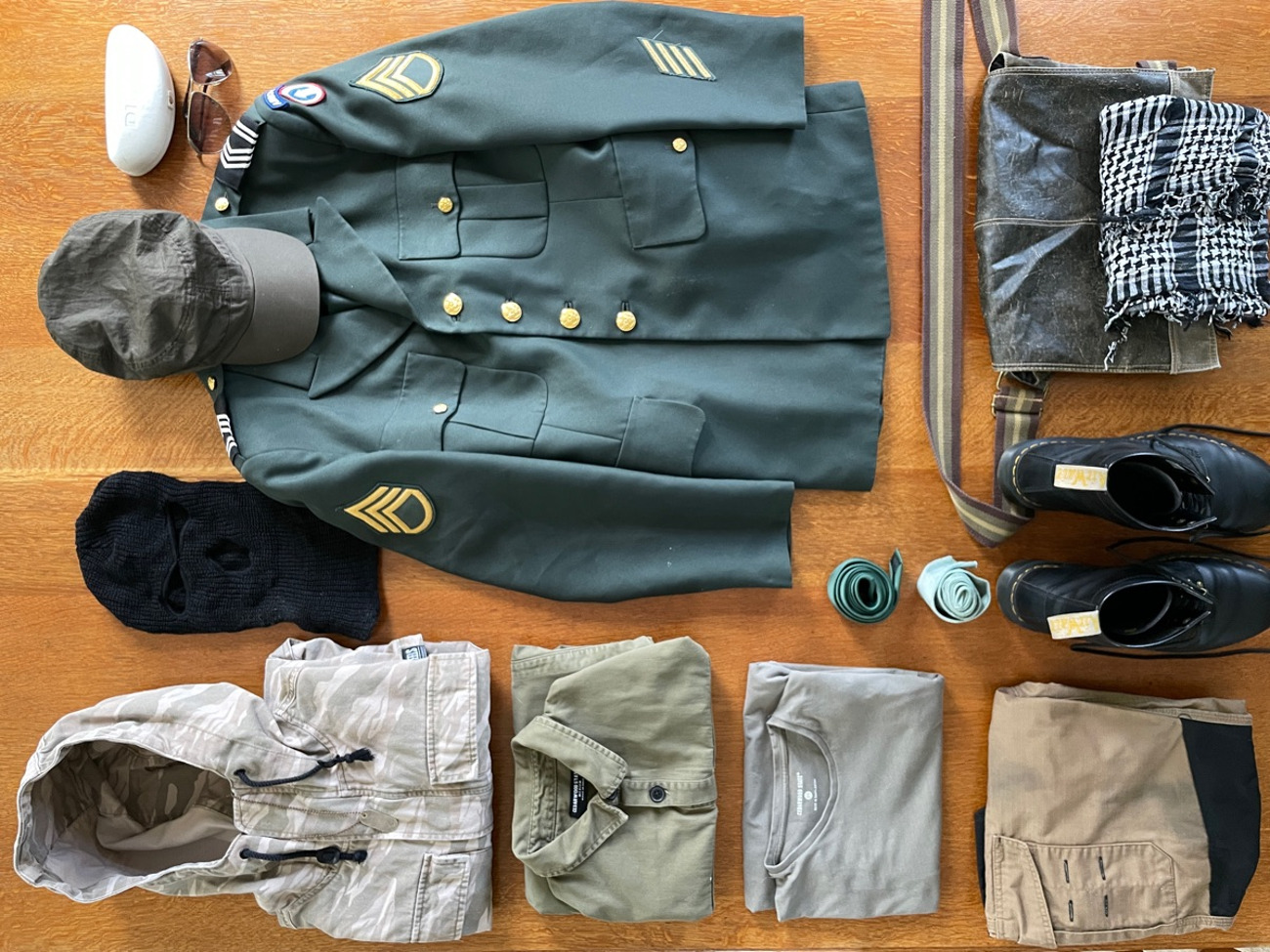 Military attire: jacket, boots, shirt, tie, cap & more!