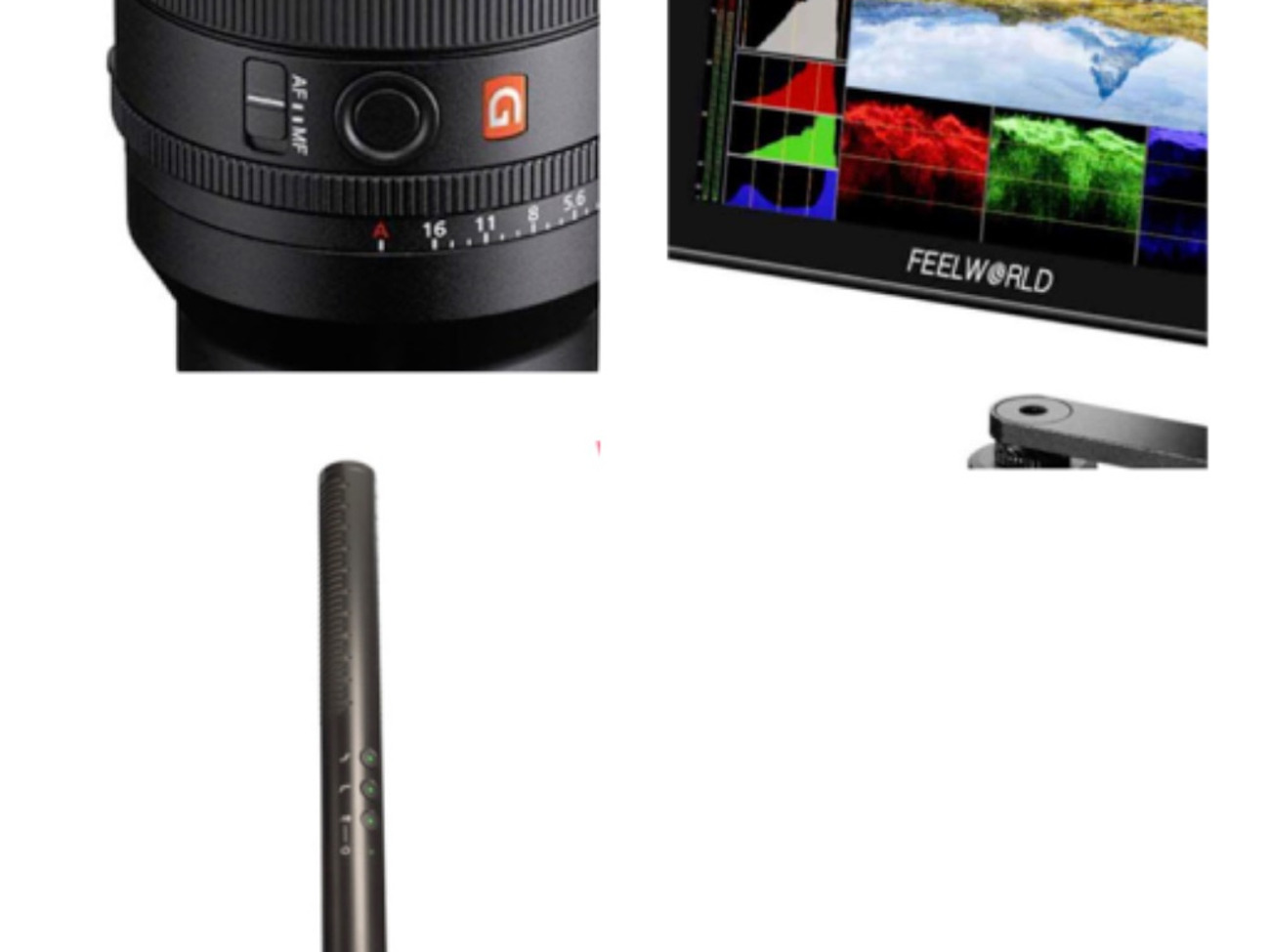 Monitor, 50mm f1.4 sony lens, shotgun mic