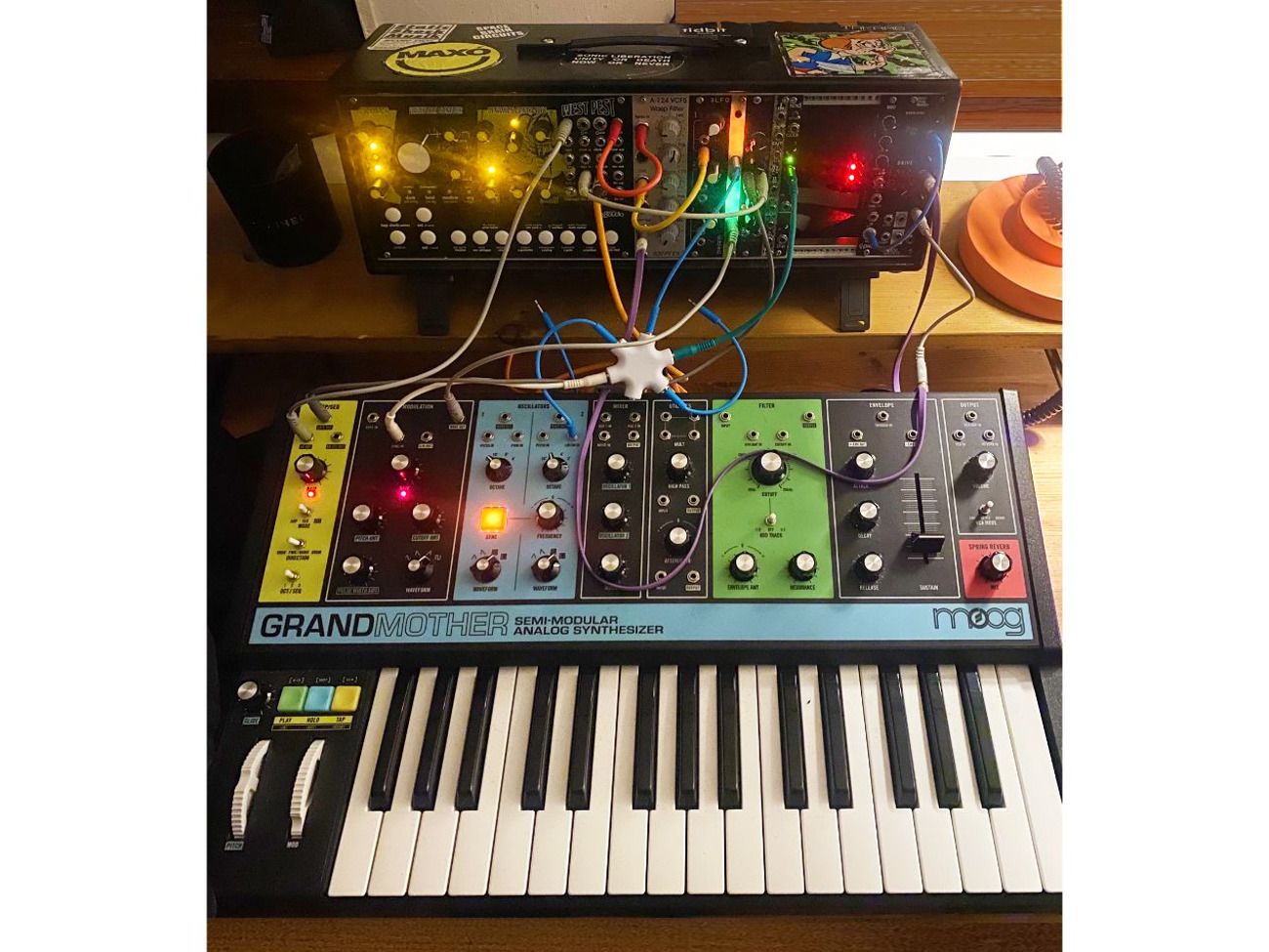 Moog grandmother analogue synthesiser + modular synth setup
