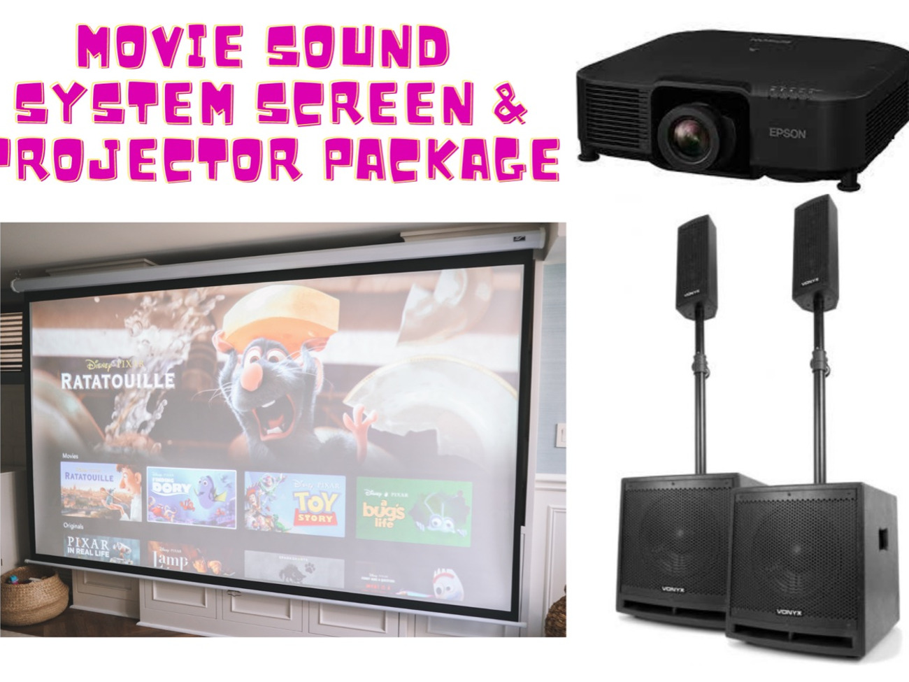 Movie sound system screen & projector package