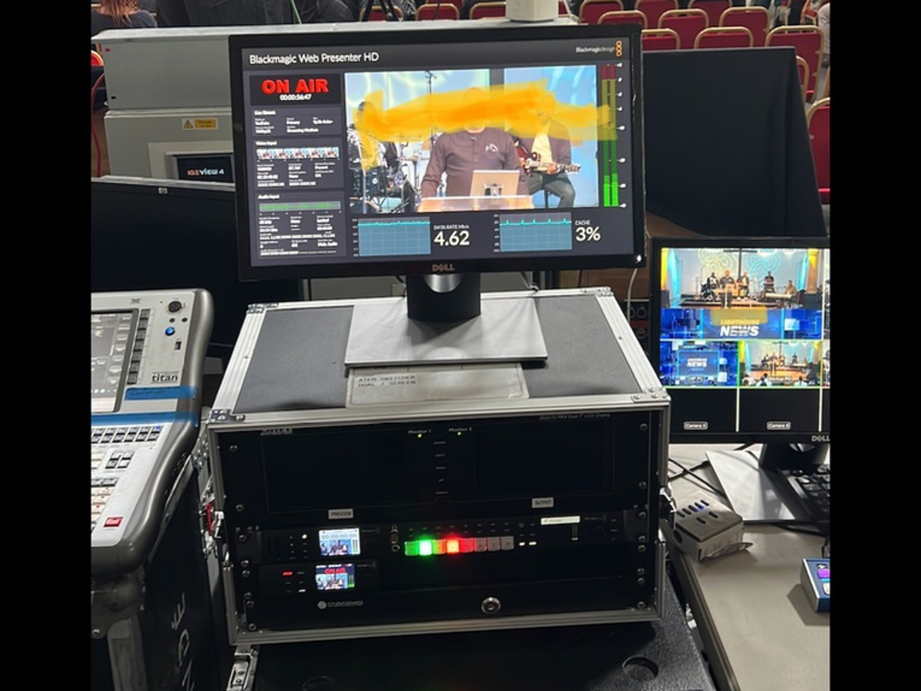 Multi camera live-streaming rig and operator. atem television studio hd