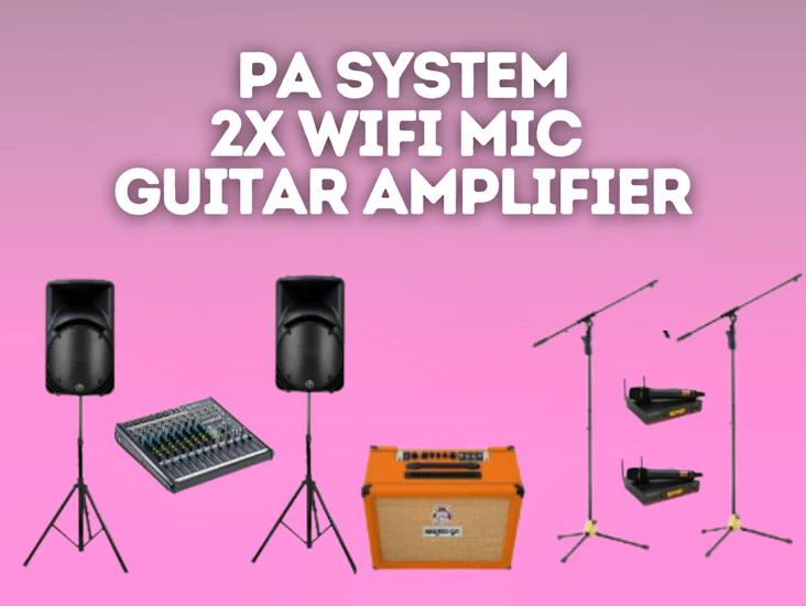 Pa system 2x speakers, 2x wifi microphones, guitar amplifier