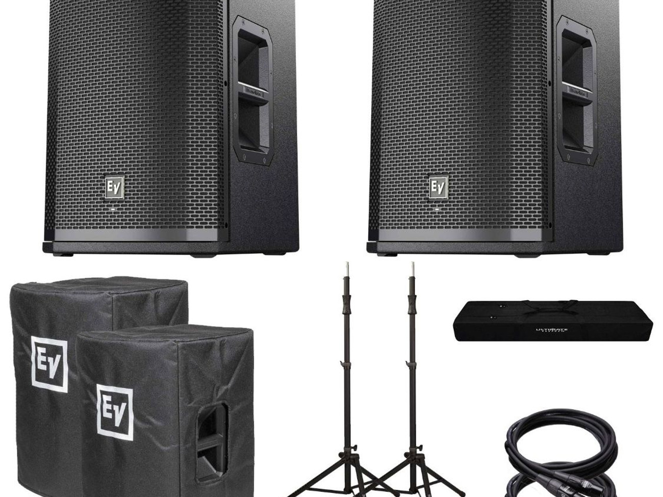 Pair - ev etx-15p powered speakers w. stands, covers & wires