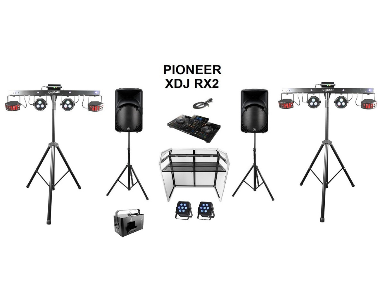 Rent Party speakers, lights, smoke machine and pioneer xdj rx2 from GB