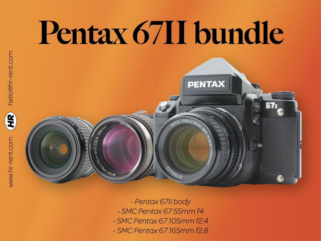 Rent Pentax 67 II body + 105mm f2.4 + 55mm f4 + 165mm f2.8 from HR Rent,  Barnsbury, Islington for £42.86 - 60/day