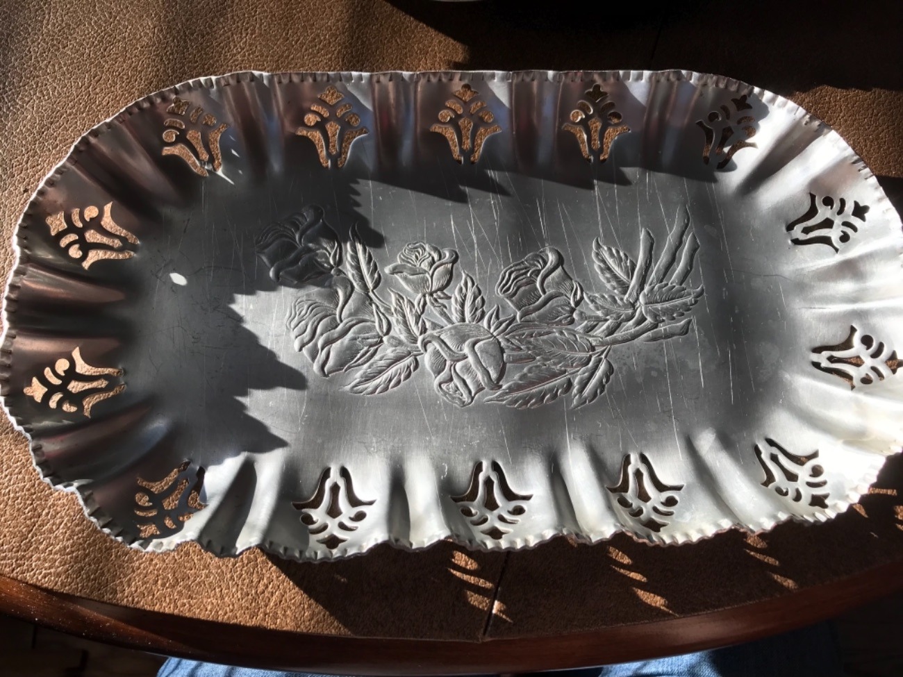 Pewter/pewter like floral serving trays