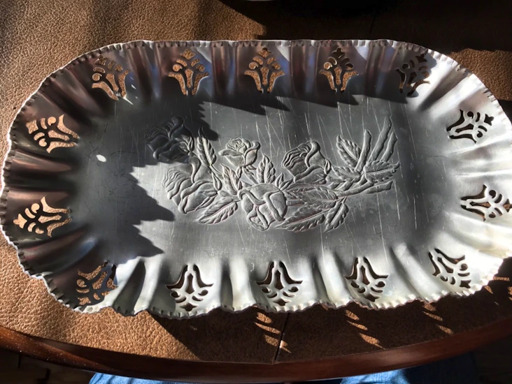 Pewter/pewter like floral serving trays
