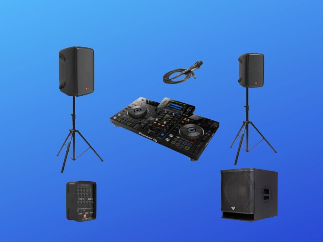 Pioneer dj desk xdj rx3 dj system + jbl speakers + subwoofer