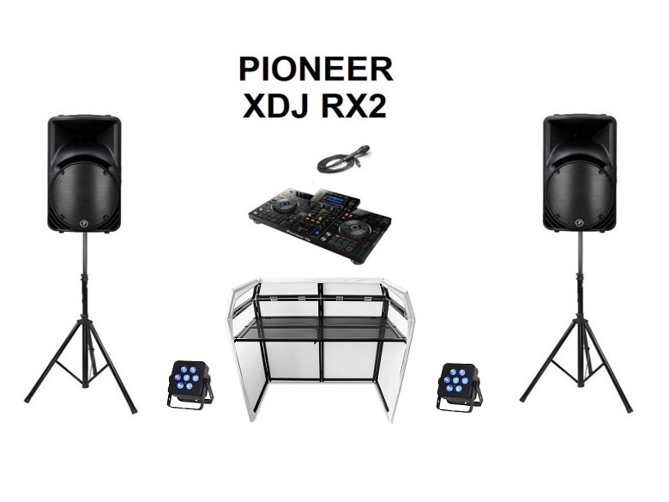 Pioneer xdj rx2 + 2x mackie speakers + microphone + dj booth + 2x wired lights