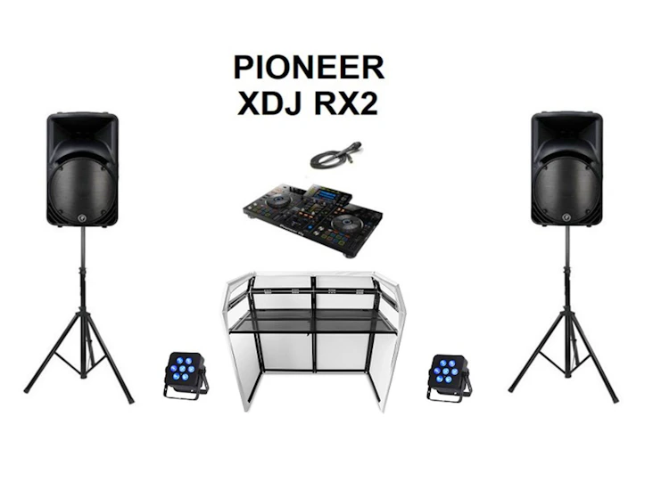 Pioneer xdj rx2 + 2x mackie speakers + microphone + dj booth + 2x wired lights