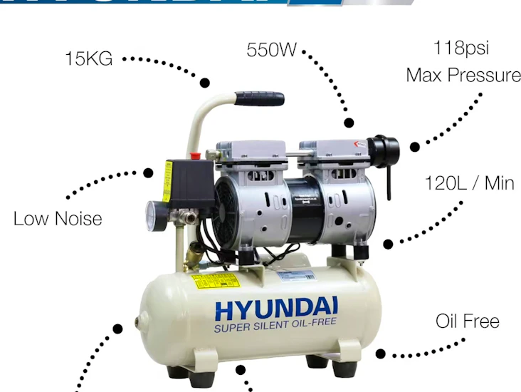 Portable air compressor hyundai low noise electric, 550w, 100psi, 8 litre tank