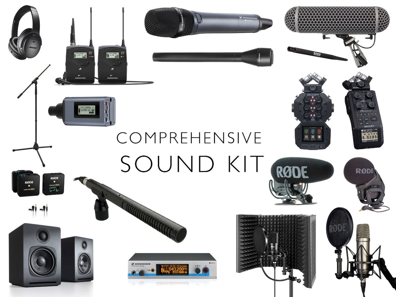 Pro sound kit, mics, recorders, lavs, shotgun, sennheiser, rode microphones 