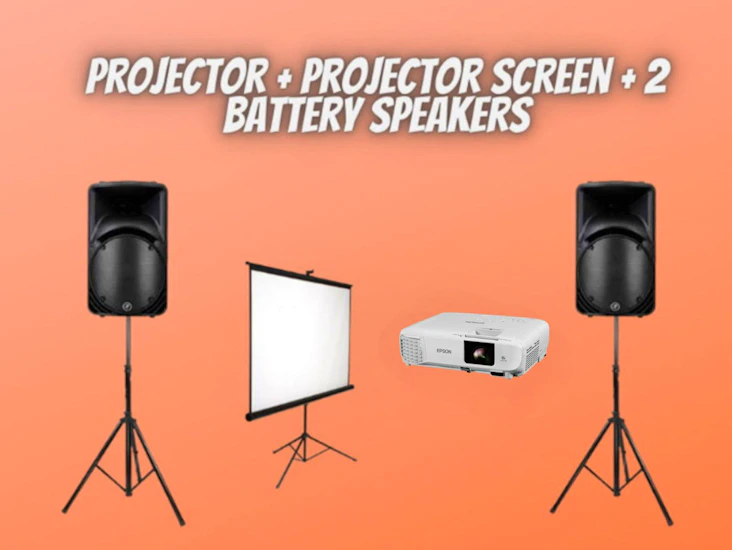Projector + projector screen + 2 battery speakers