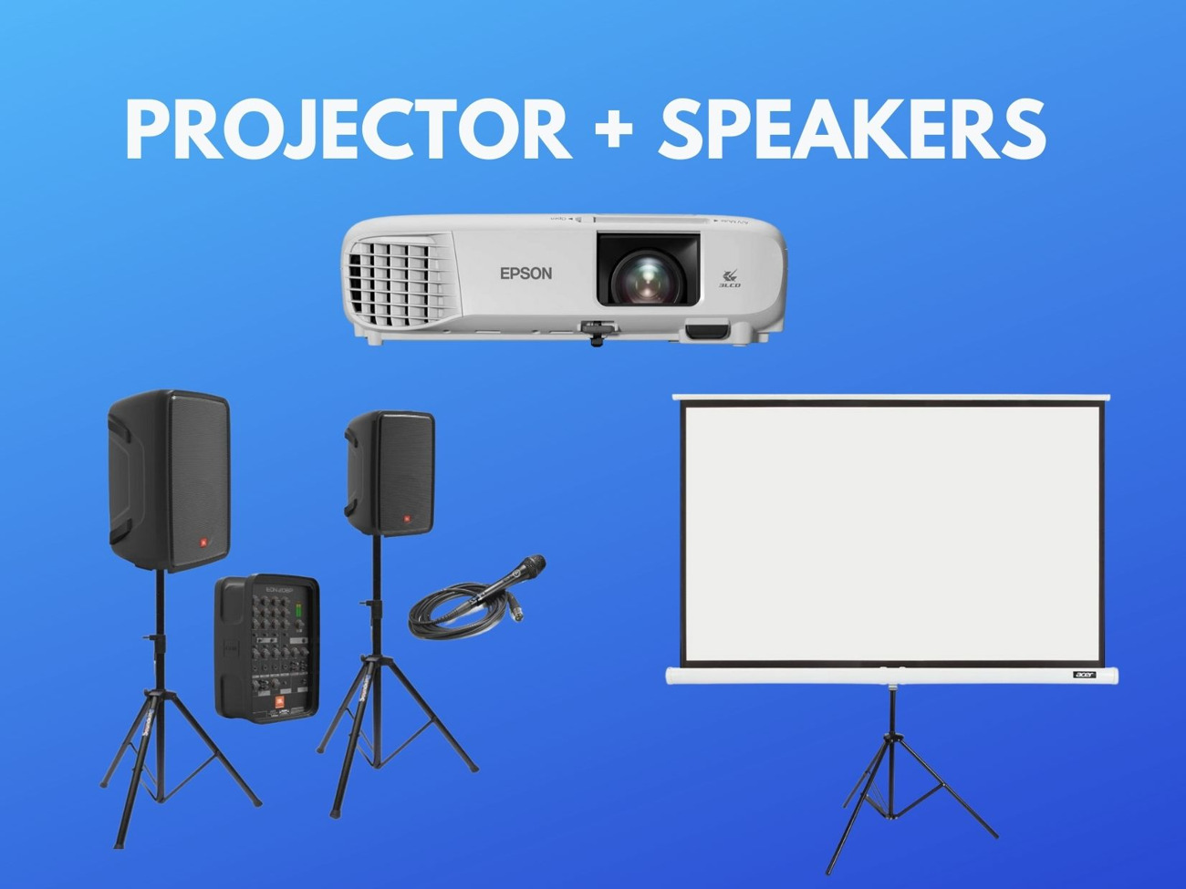 Projector + projector screen 2.5 m x1.5m + speakers + mic