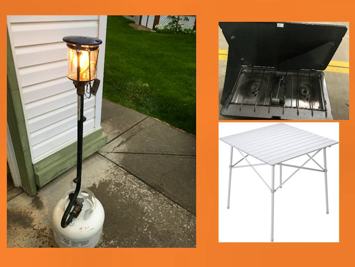 Propane combo - lantern, stove, & table with distribution tree