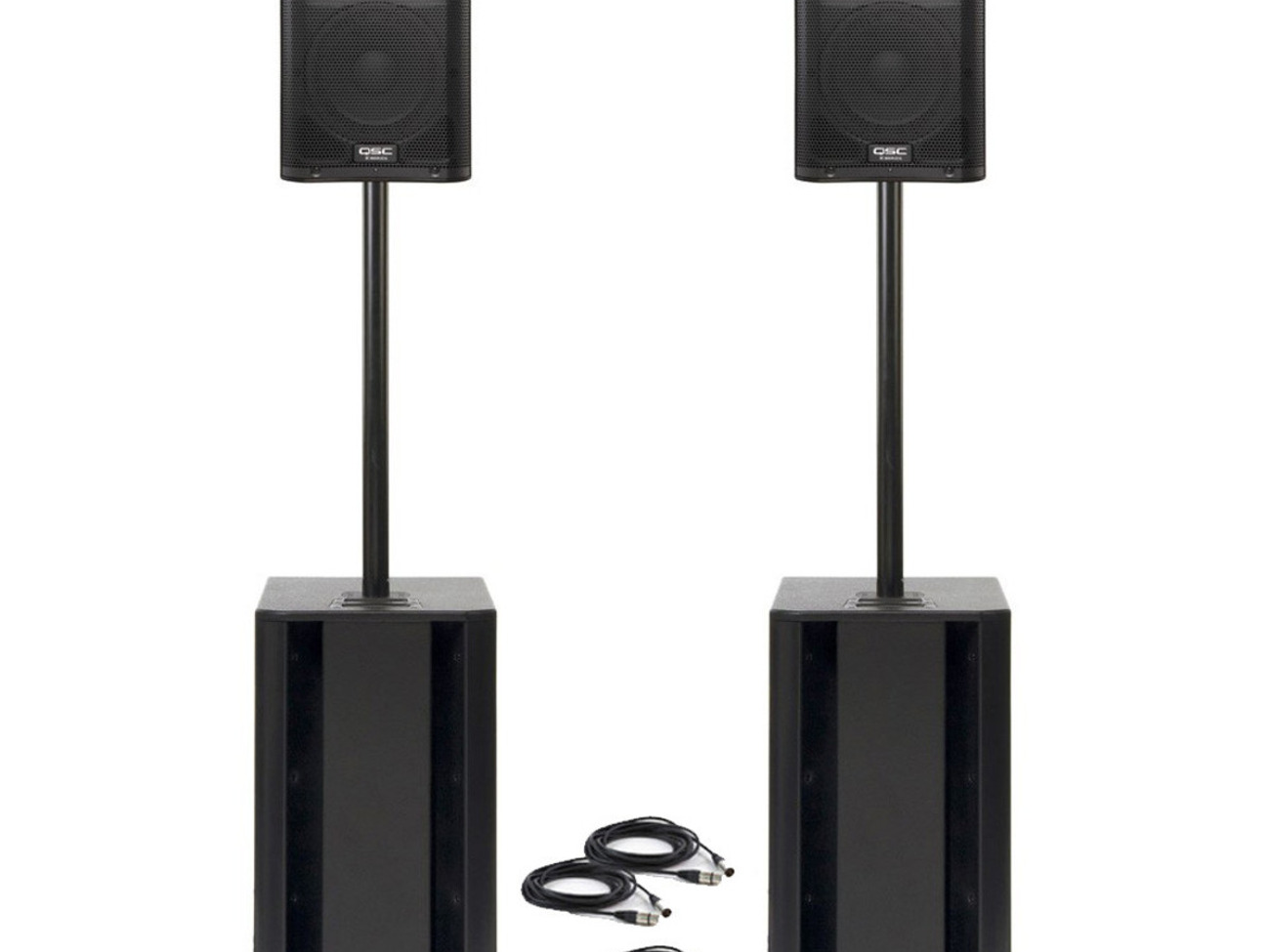 Qsc pa system, xr18 digital mixer, 4 microphones, stands, cables