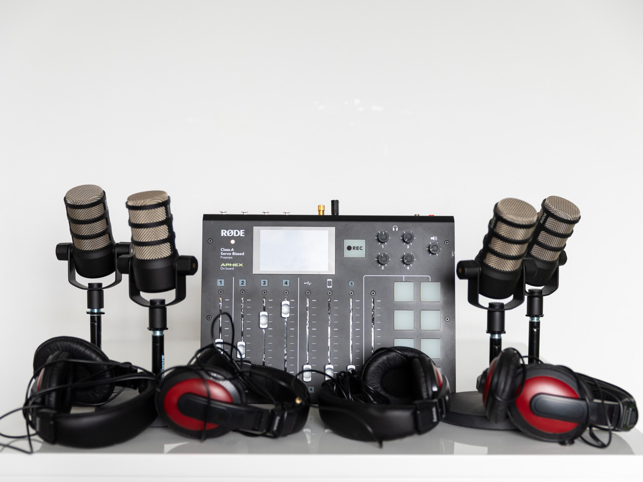 Rødecaster pro, 4 mic, stands and headphones. 