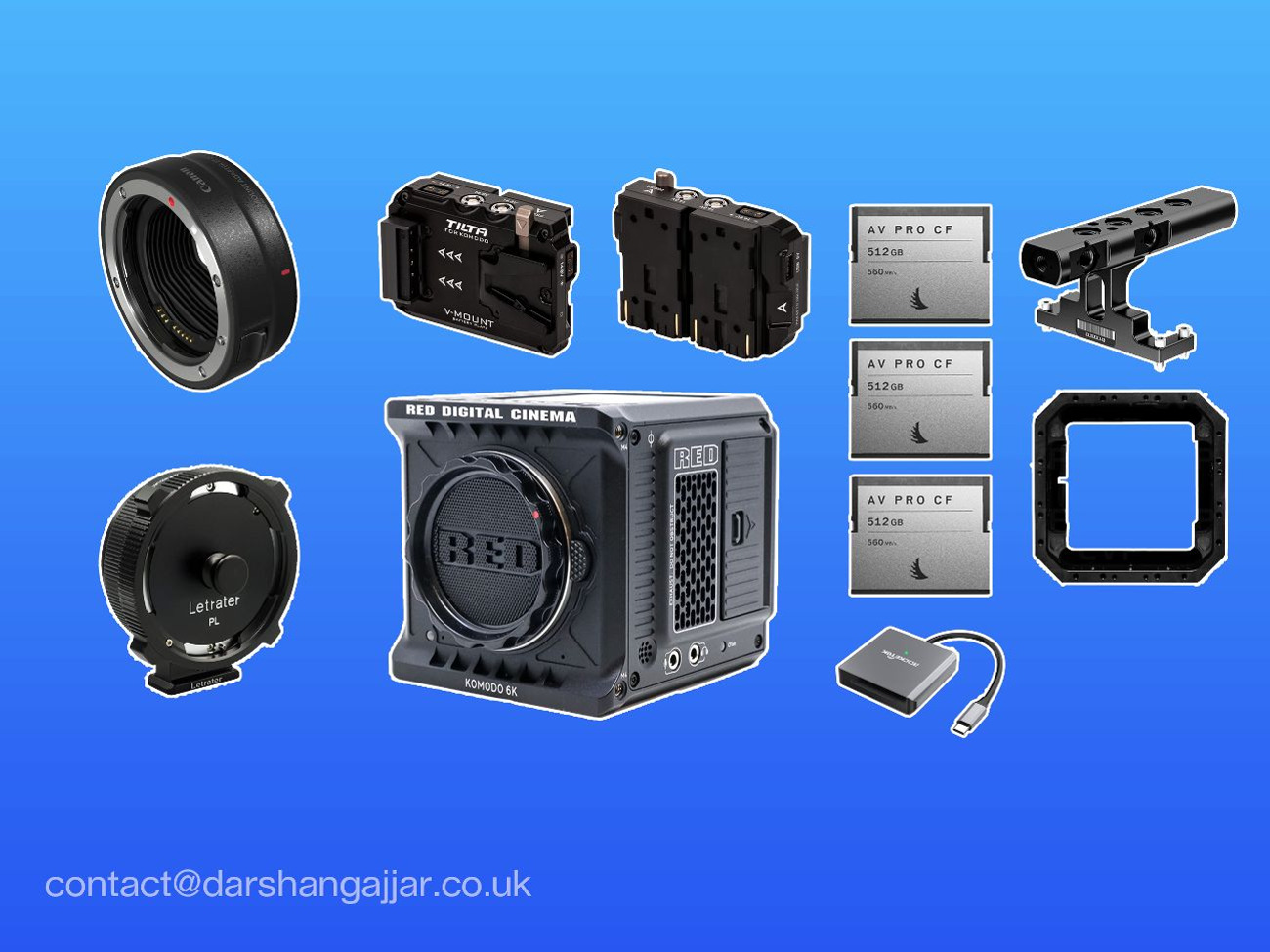 Red komodo 6k, 3x 512gb cards, ef&pl adapters, cage, + more