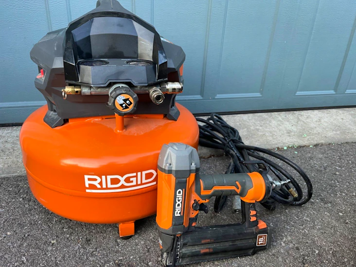 Ridgid brad nailer, hose and compressor