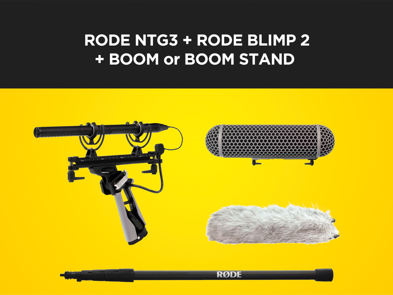 Rode ntg3 shotgun mic + blimp 2 + rode boom pro or manfrotto 420b stand