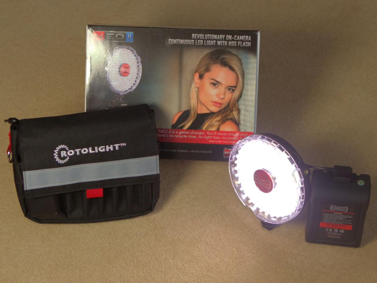 Rotolight neo ii led light with 95wh battery + d-tap cable.