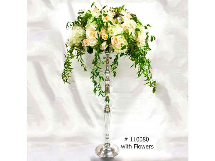 Round silver stand with plate for florals 35 inch tall # 110080