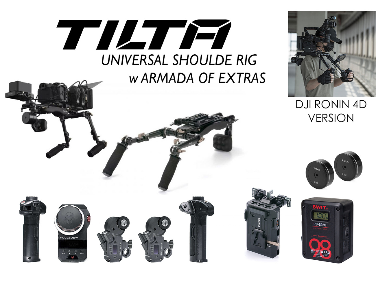 Shoulder rig, follow focus control, monitor 