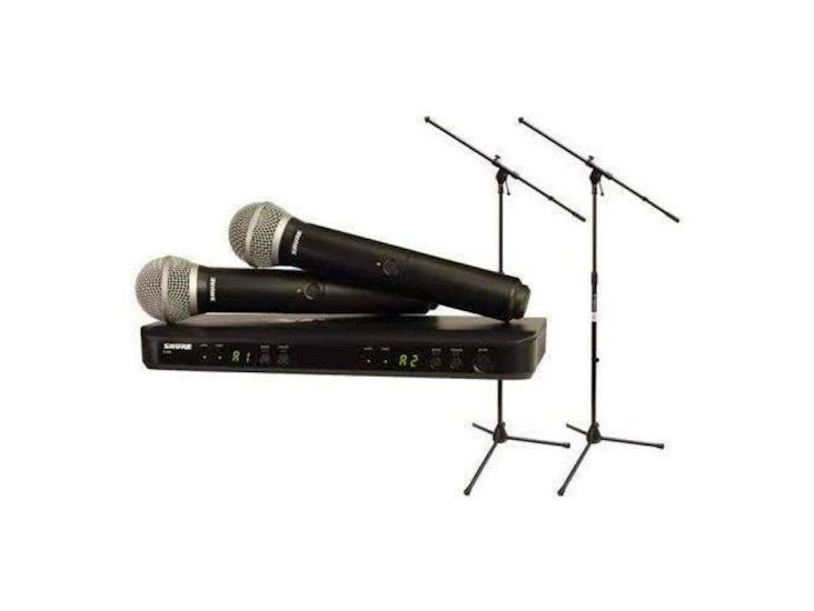 Shure wireless handheld mic on stand