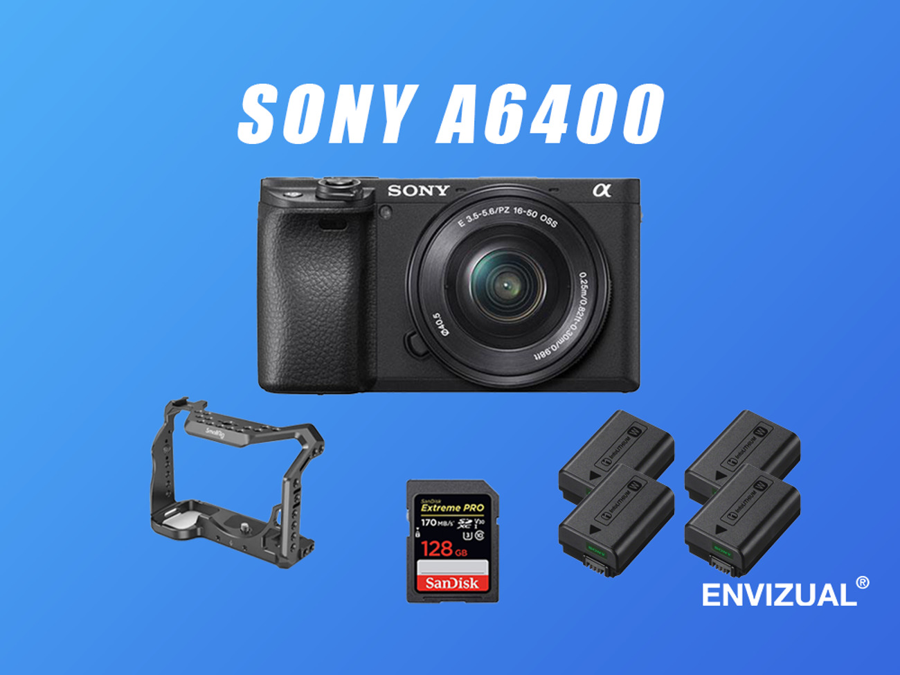Sony a6400 camera + 16-50mm kit lens + cage