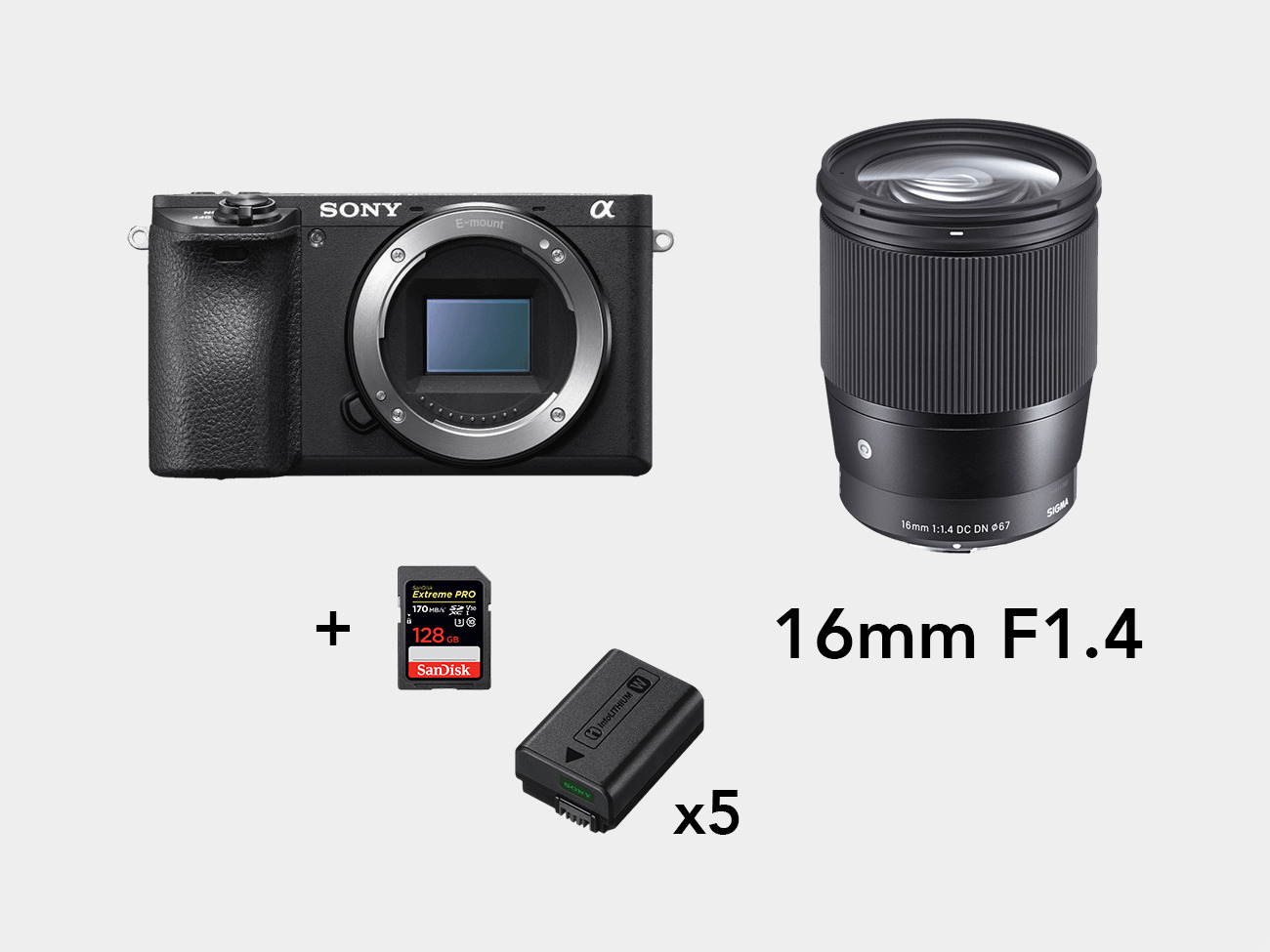 Sony a6500 + 16mm f/1.4 sigma lens + 5x batteries + sd card 